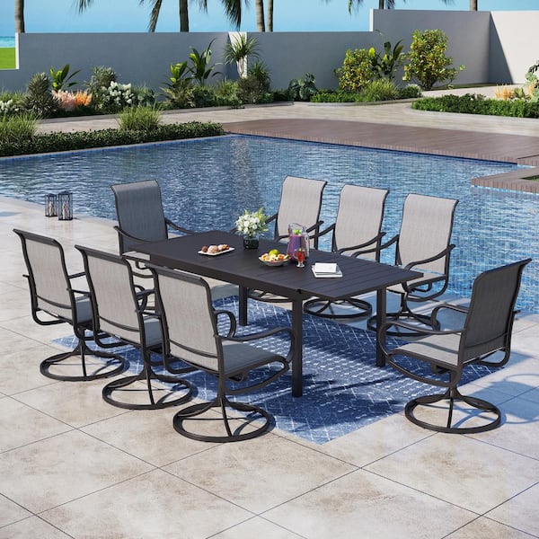 PHI VILLA Black 9-Piece Metal Patio Outdoor Dining Set with Extendable Table and Textilene Swivel Chairs