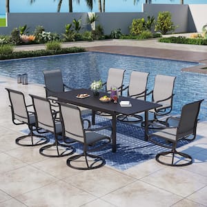 Black 9-Piece Metal Patio Outdoor Dining Set with Extendable Table and Textilene Swivel Chairs