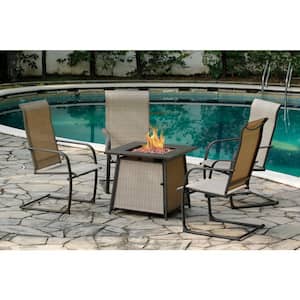 Propane Fire Pit Table Set, 28 in. Gas Fire Pit Table with 4 Textilene Spring Chairs, Patio Conversation Dining Set