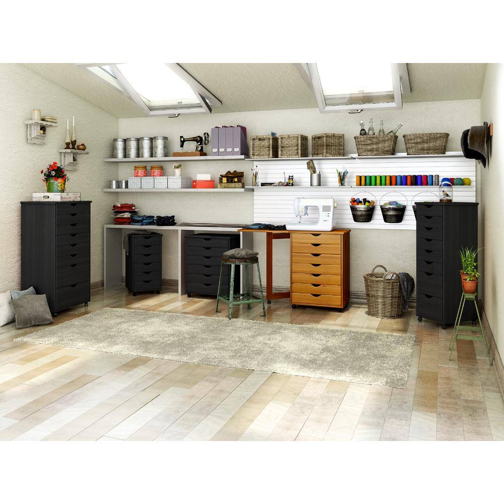Black Solid Wood 6-Drawer Rolling Storage Cart