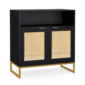 Buffet Sideboard Storage Cabinet Black Rattan Kitchen Cupboard Console Table with 2 Doors and Open Shelf