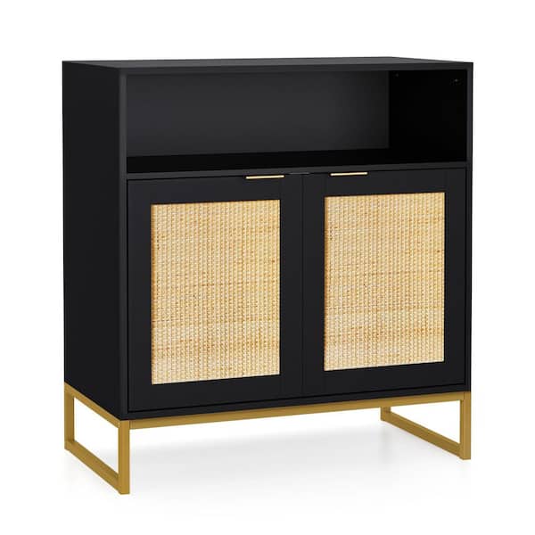 Aupodin Buffet Sideboard Storage Cabinet Black Rattan Kitchen Cupboard Console Table with 2 Doors and Open Shelf