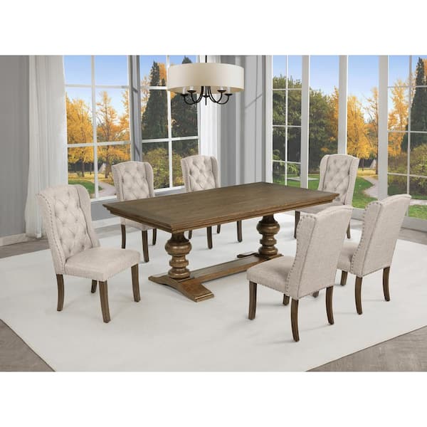 Best Quality Furniture Salama 7-Piece Rectangle Brown Oak Color Wood Top Dining Set With 6 Beige Linen Fabric Wing Chairs