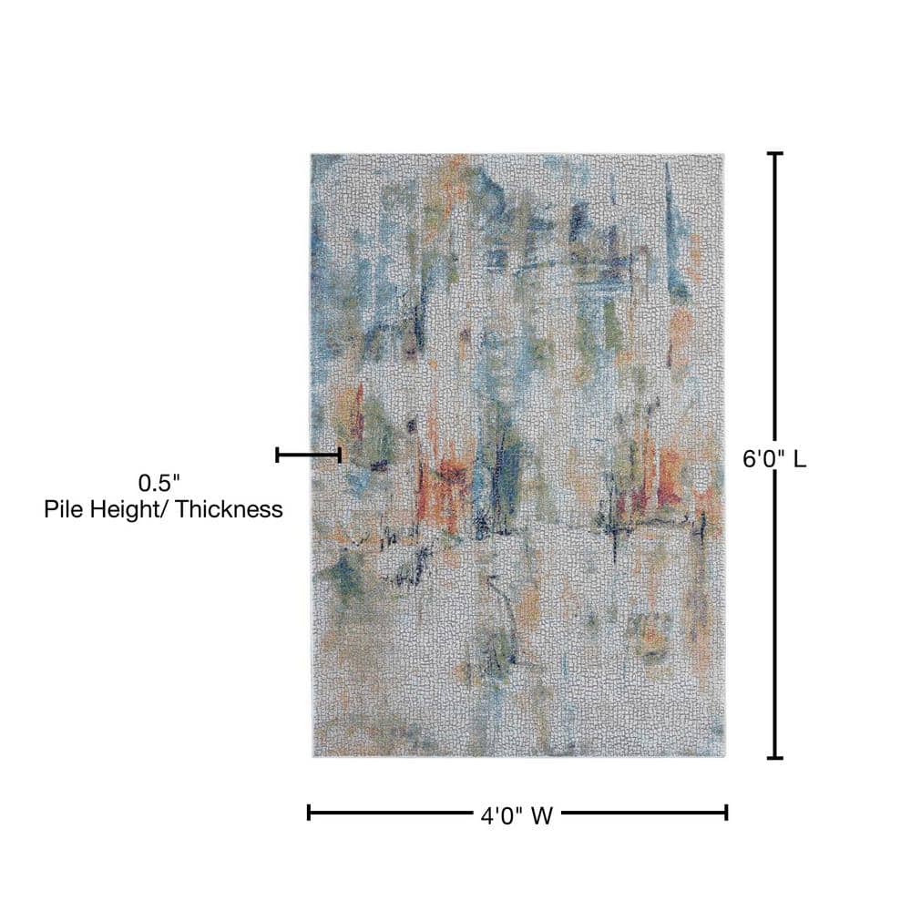 Abstract Ivory and Multicolor Silky Texture 4' x 6' Synthetic Rug