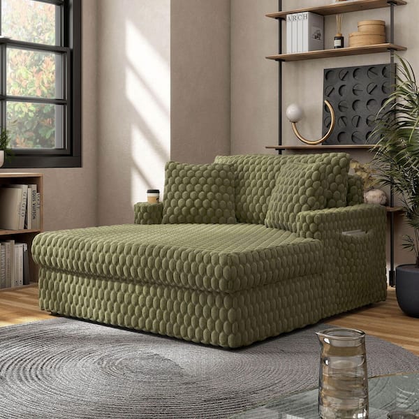 Nattel Olive Green Chenille Cushion Back and 2 Track Arms Chaise Lounge with Cup Holders