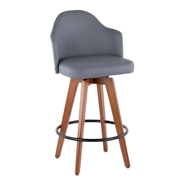 Lumisource Ahoy 26 In Walnut And Grey, Leather Bar Stools With Nailhead Trim