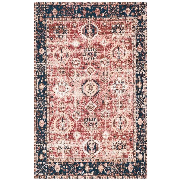 SAFAVIEH Easy Care Red/Navy Doormat 2 ft. x 3 ft. Machine Washable Border Medallion Geometric Area Rug