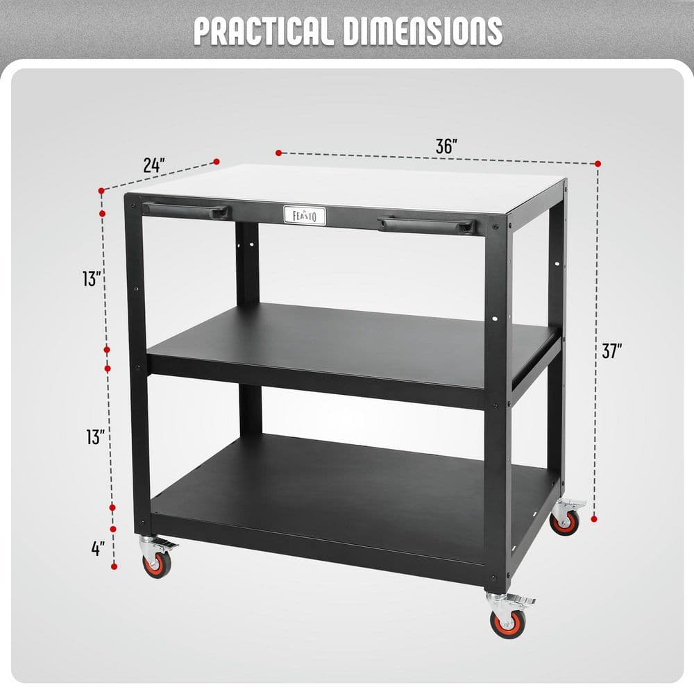 Feasto 3-Shelf Black and Stainless Steel Outdoor Kitchen Cart