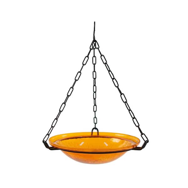 Crackle Glass Hanging Birdbath Bowl, 12.5 in. Tall, Orange