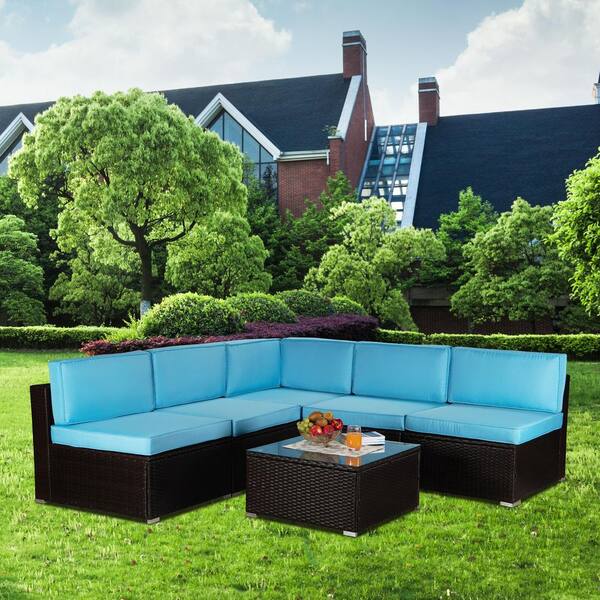 Nestfair Brown 6-Piece Wicker Patio Conversation Set with Blue Cushions