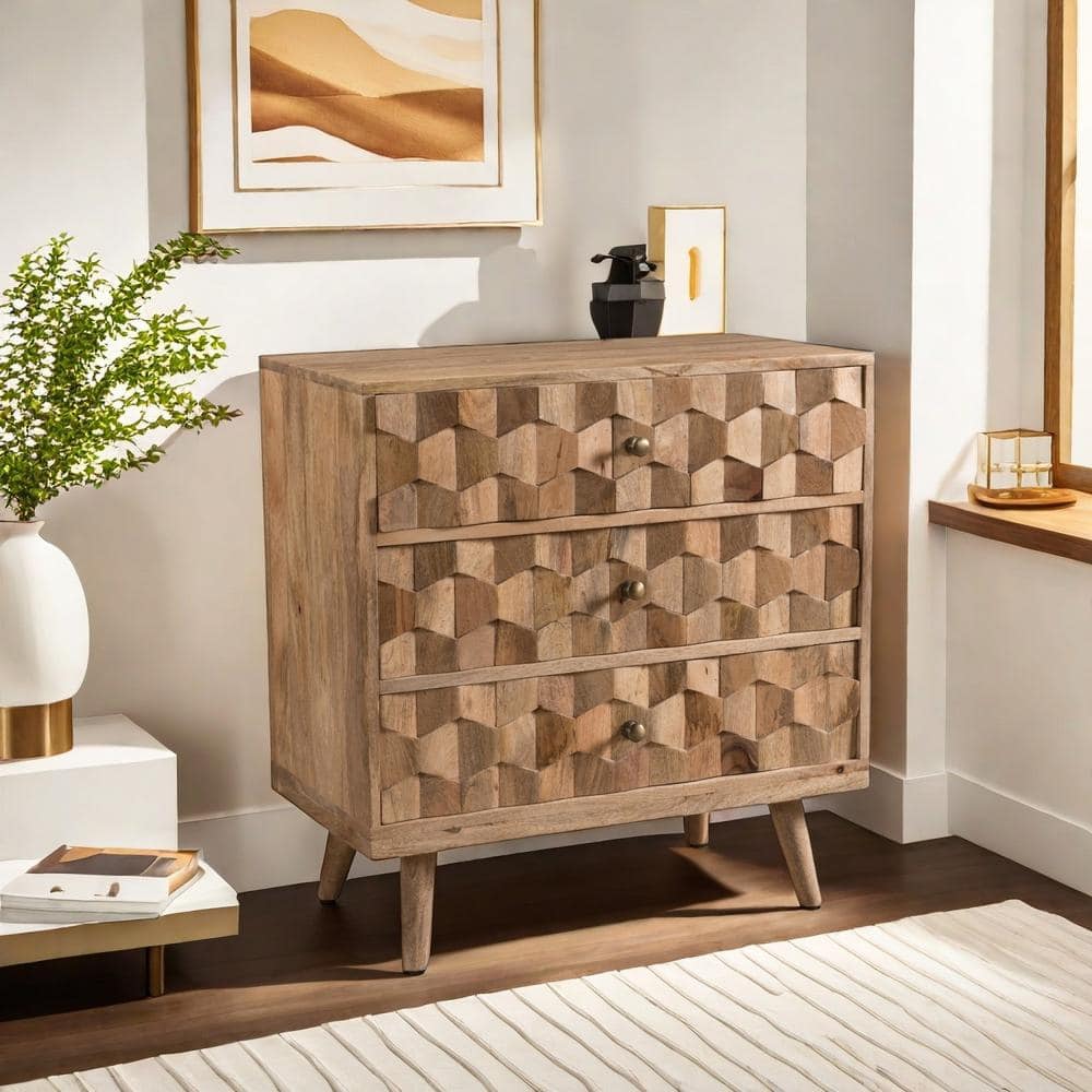 Poppy Mid-Century Mango Wood 3-Drawer Chest with 3D Weave