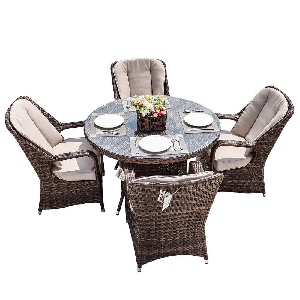 Brown Wicker 5-Piece Round Outdoor Dining Set with Beige Cushions