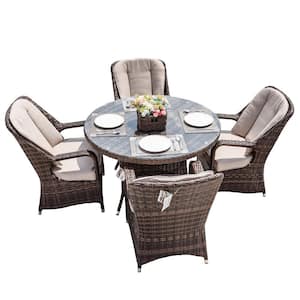 ELLE Brown 5-Piece Wicker Round Outdoor Dining Set with Beige Cushions