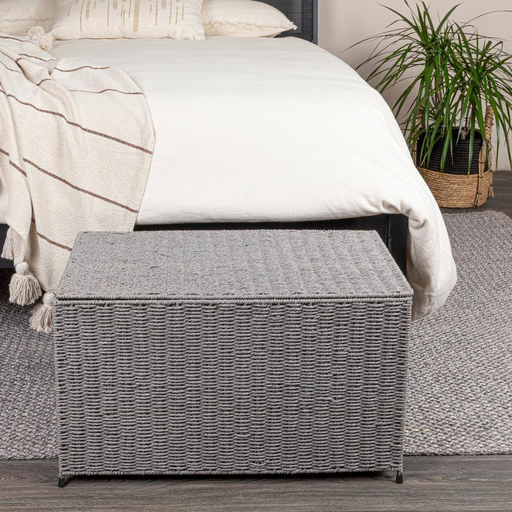 Large Gray Woven Paper Rope Storage Chest with Hinged Lid