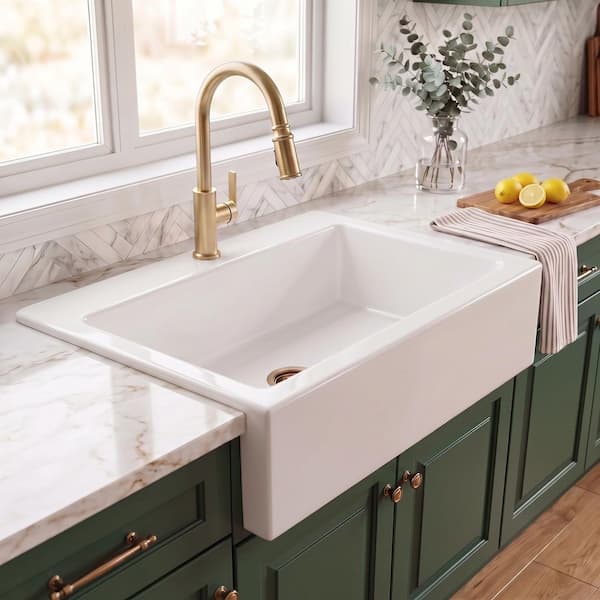 Parker 34 in. 1-Hole Quick-Fit Farmhouse/Apron-Front Drop-In Single Bowl Crisp White Fireclay Kitchen Sink