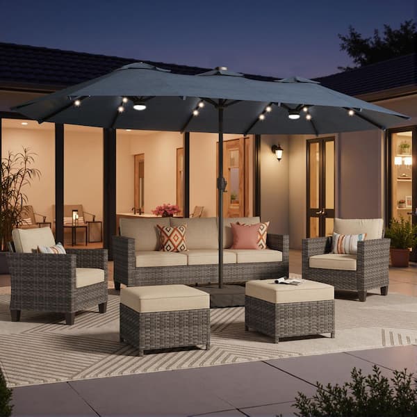 15 ft. Rectangule Outdoor Double Sided Market Patio Umbrella in Dark Blue with Base and LED Lights for Poolside Lawn