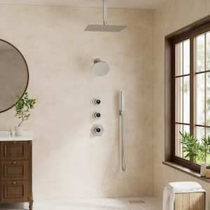 Thermostatic Valve 5-Spray 12 and 6 in. Shower Faucet with 2-Function Handheld Shower in Brushed Nickel