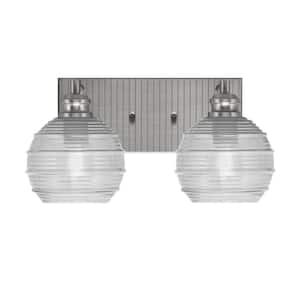 Albany 14 in. 2-Light Brushed Nickel Vanity Light with Clear Ribbed Glass Shades