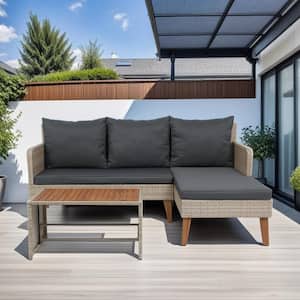 Hot Seller 3 Piece Wood Outdoor Fashional Sectional Set Patio Sofa with Natural Yellow Wicker and Dark Grey Cushion