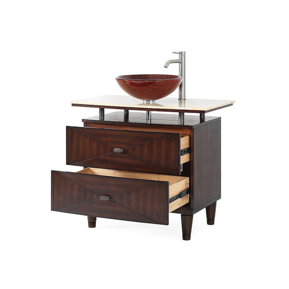 Valentina 36'' Medium Brown Birch Wood Vessel Sink Vanity with Marble Top