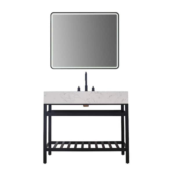 Altair Merano 42 in. W x 22 in. D x 35 in. H Single Sink Bath Vanity in Matte Black with White Composite Stone Top and Mirror