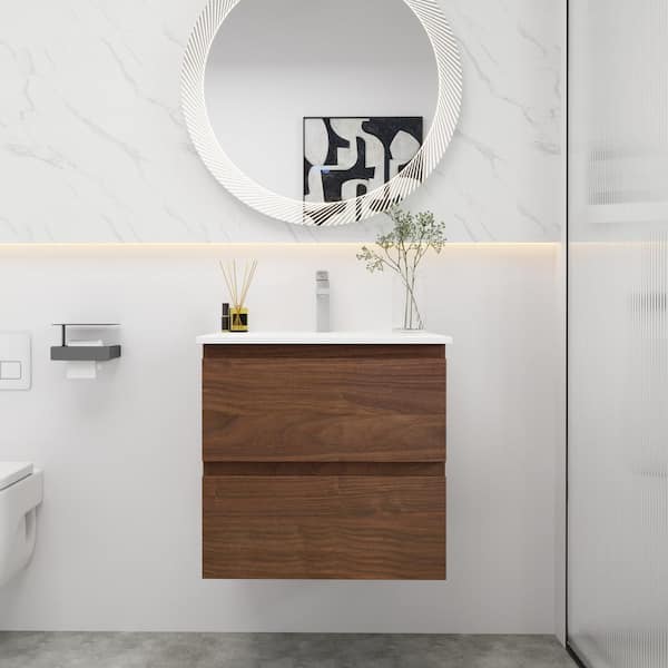 JimsMaison 24 in. W x 18. in D. x 21 in. H Bath Vanity in Brown Oak with White Cultured Marble Top