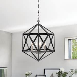 Renzo 4-Light Matte Black Geometric Iron Modern Farmhouse Cage Chandelier with Brushed Nickel Sleeves