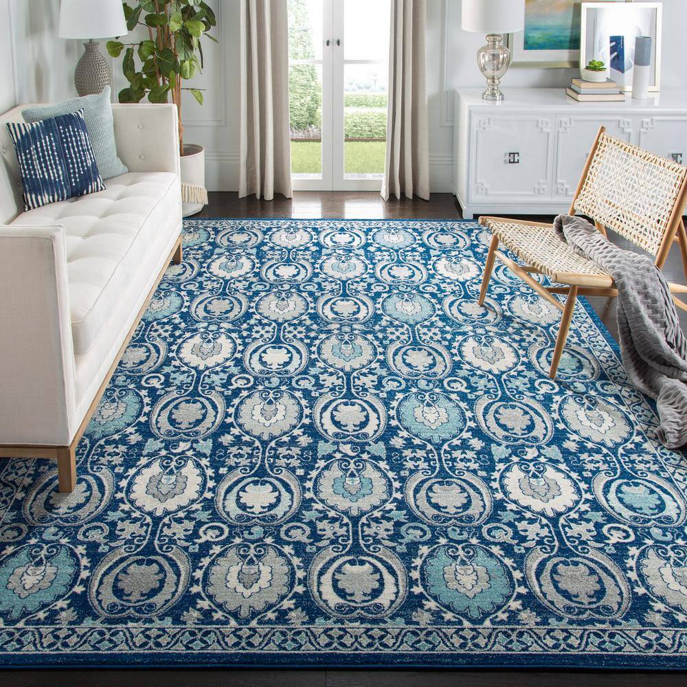 Evoke Blue and Ivory Floral Bordered 9' x 12' Area Rug