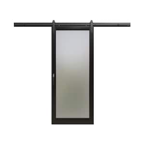 36 in. x 84 in. Full Lite Frosted Glass Black Finished Composite Sliding Barn Door with Hardware Kit
