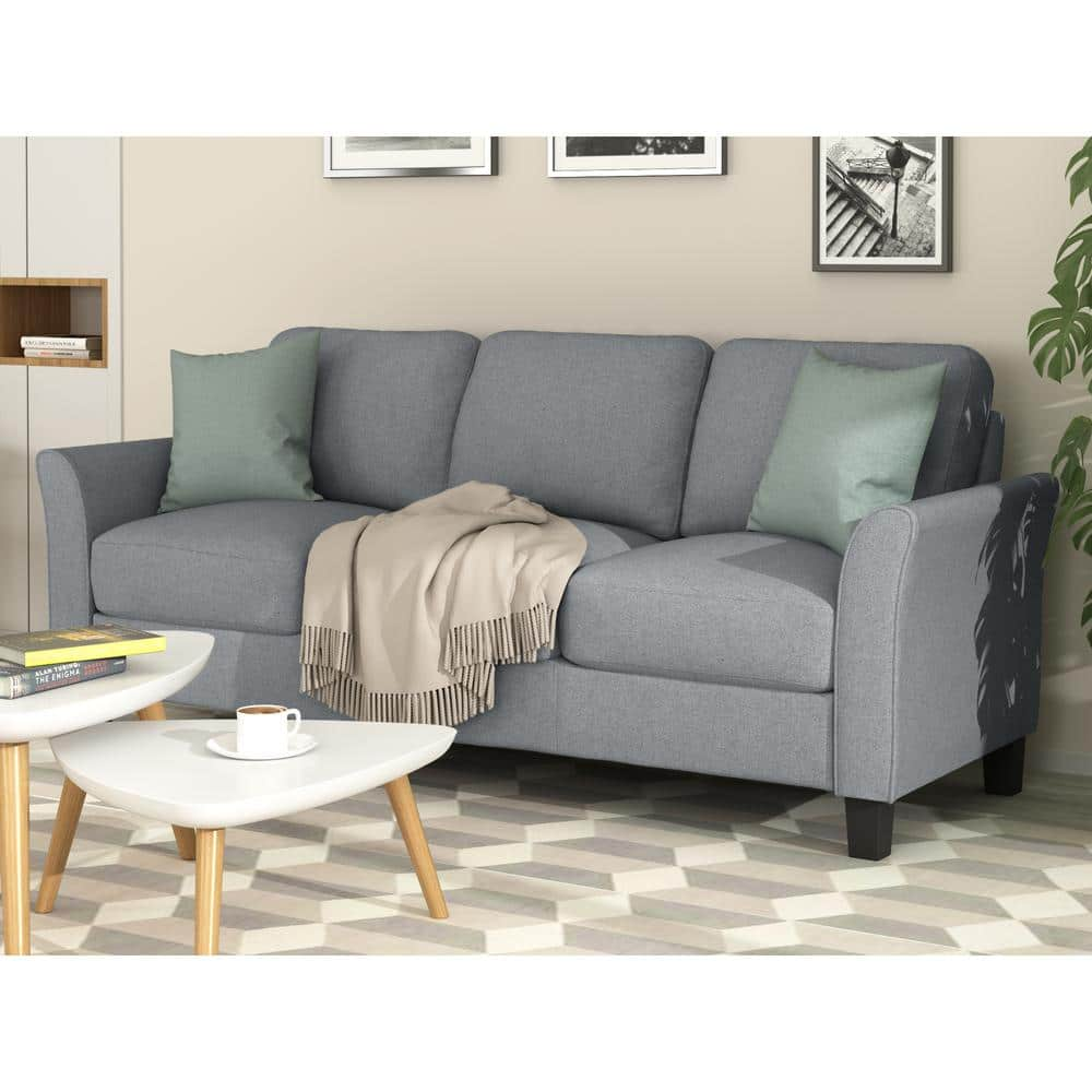 76 in. W Flared Arm Linen Straight 3-Seat Sofa in Gray -  GODEER, WF191004LXLAAE