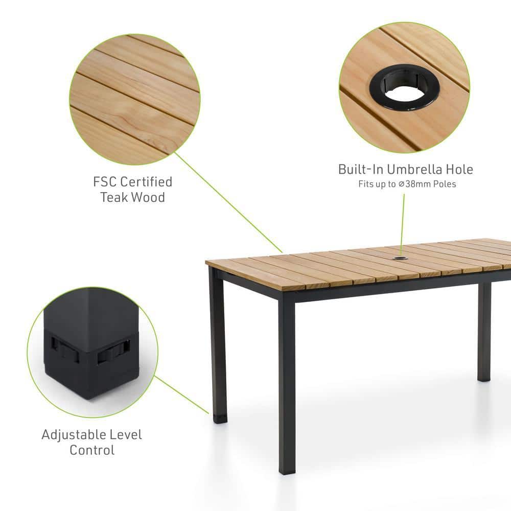 Infographic showing the teak wood top, umbrella hole, and adjustable level control of the dining table.