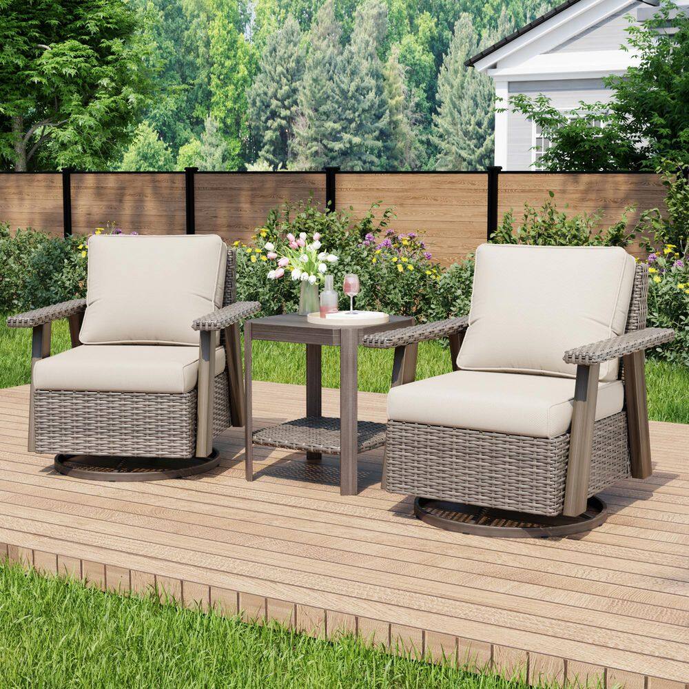 3-Piece Beige Wicker Frame Outdoor Rocking Chair Patio Swivel Chair Lounge Chair with Beige Cushions and 1 Side Table price history on PriceWatchPro