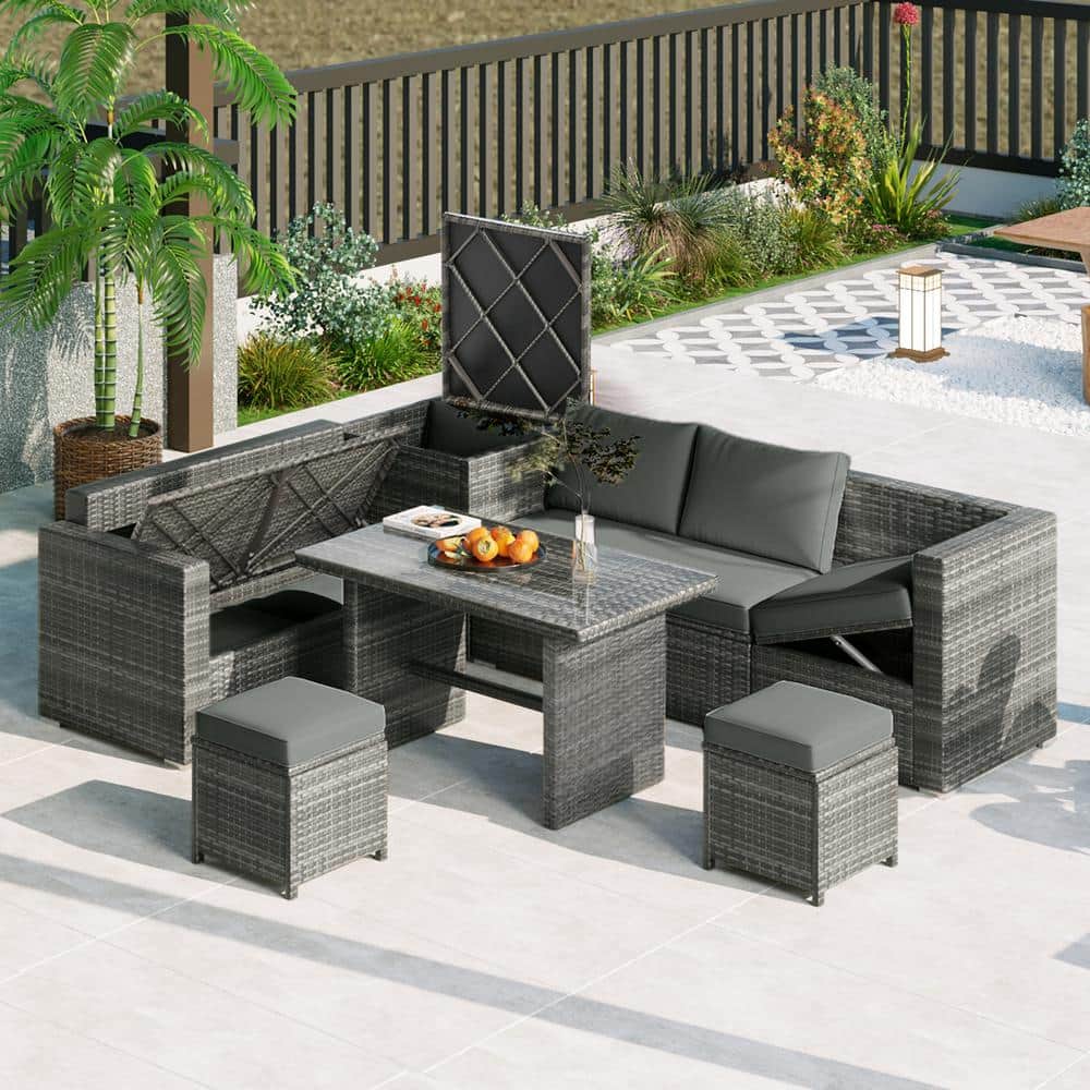 Gray 6-Piece Wicker Outdoor Sectional Set with Adjustable Seat, Storage Box