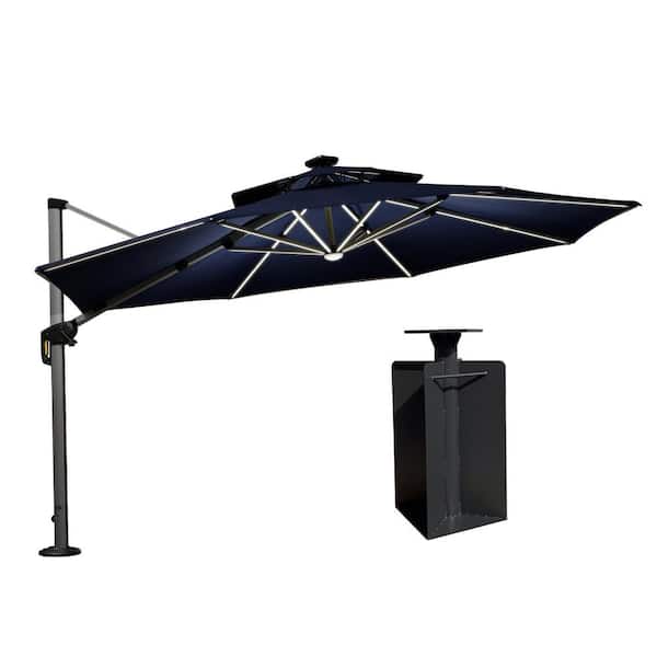 PURPLE LEAF 12 ft. Octagon Aluminum Solar Powered LED Patio Cantilever Offset Umbrella with Base in Ground, Navy Blue