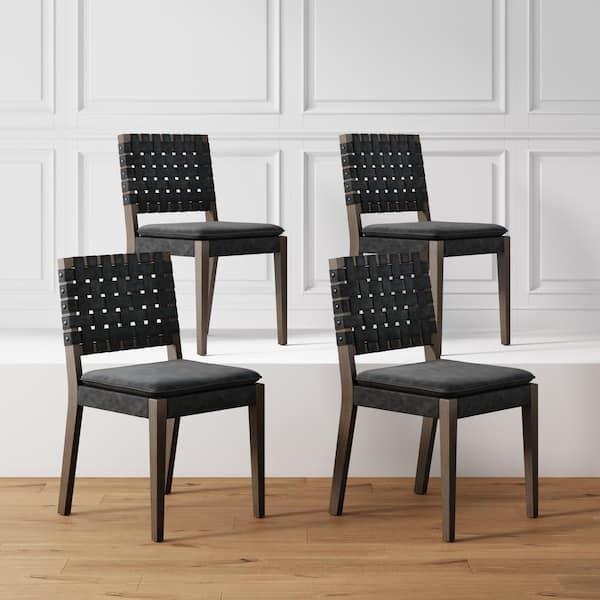 Cohen 19 in. Wood Mid-Century Modern Upholstered Dining Chair Hand Woven Faux Leather Backrest, Black, Set of 4