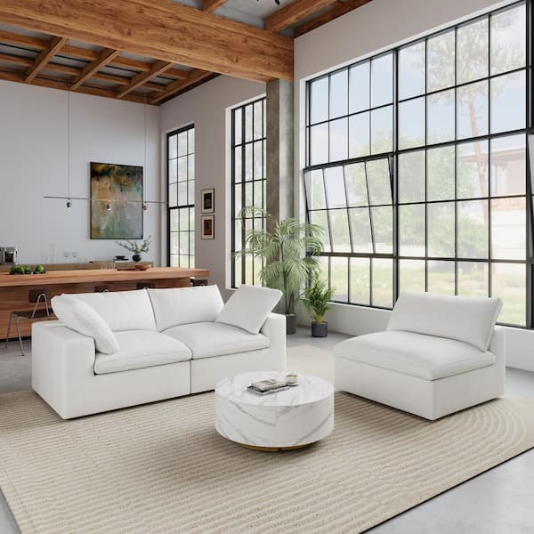 118 in Wide Square Arm Linen 3-Piece Modular Down Cloud Sofa with Removable Sofa Covers in White