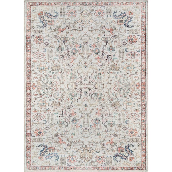 Lotus Pomona Ivory Vintage Medallion Botanical Border 5 ft. 3 in. x 7 ft. 3 in. Machine Washable Area Rug