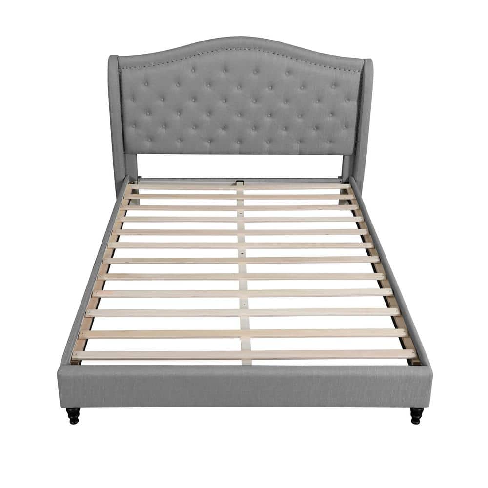 King Gray Tufted Upholstered Wood Frame Bed with Nailhead Trim