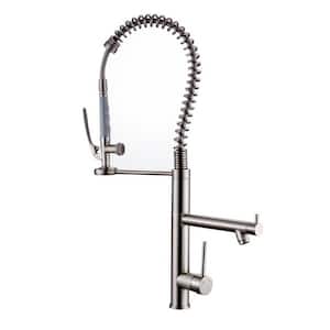 Double Handle Deck Mount Gooseneck Pull Down Sprayer Kitchen Faucet with Handles in Brushed Nickel