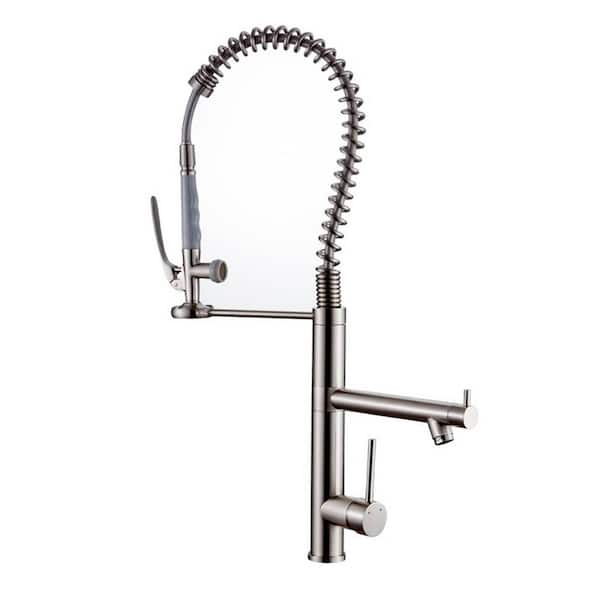 FLG Double Handle Deck Mount Gooseneck Pull Down Sprayer Kitchen Faucet with Handles in Brushed Nickel