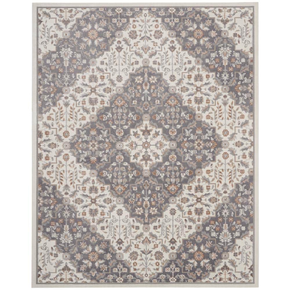 Ivory Grey Floral Synthetic 8' x 10' Area Rug