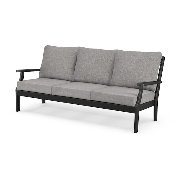 POLYWOOD Braxton Black Deep Seating Plastic Outdoor Sofa with Grey Mist Cushions