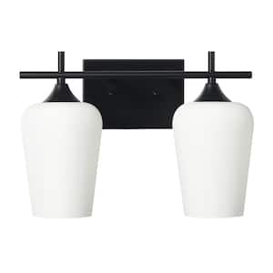Sandra 13.75 in. 2-Lights Modern Transitional Black Bathroom Vanity Light with Curved Opal Glass Shade