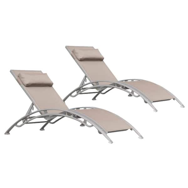 Sudzendf Metal Outdoor Patio Chaise Lounge with Adjustable Backrest and Removable Pillow in Khaki (Set of 2)
