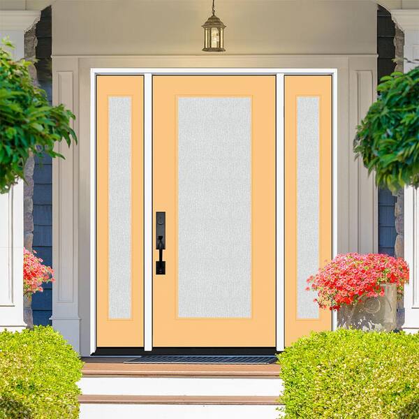 Legacy 68 in. x 80 in. Full Lite Rain Glass LHOS Primed Jackfruit Finish Fiberglass Prehung Front Door w/Dbl 14 in. SL