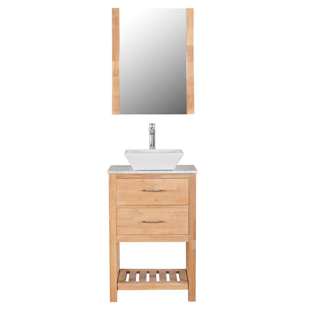 Santa Monica 24 in. W x 18 in. D Bath Vanity in Natural Wood with Marble Vanity Top in White with White Basin and Mirror