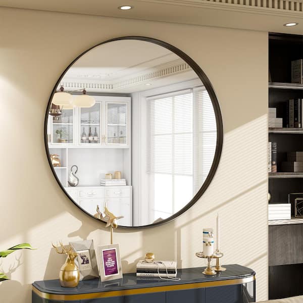 XRAMFY 32 in. W x 32 in. H Round Black Aluminum Alloy Deep Framed Wall Mirror