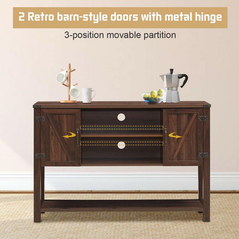 Brown Fir Wood Console Table with Cabinets and Shelves