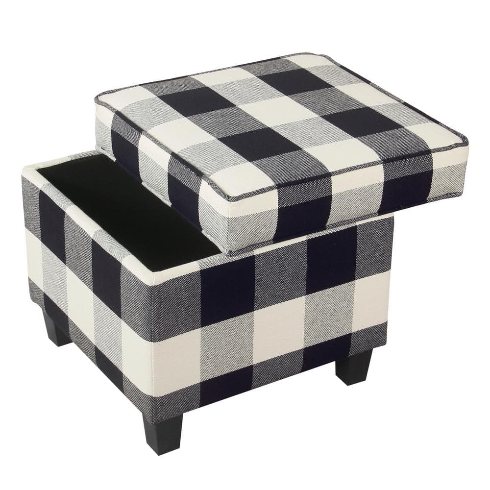 Black Plaid Square Storage Ottoman with Lift-Off Top