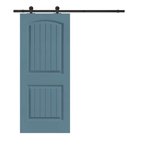 CALHOME Elegant Series 36 in. x 80 in. Dignity Blue Stained Composite MDF 2 Panel Camber Top Sliding Barn Door with Hardware Kit